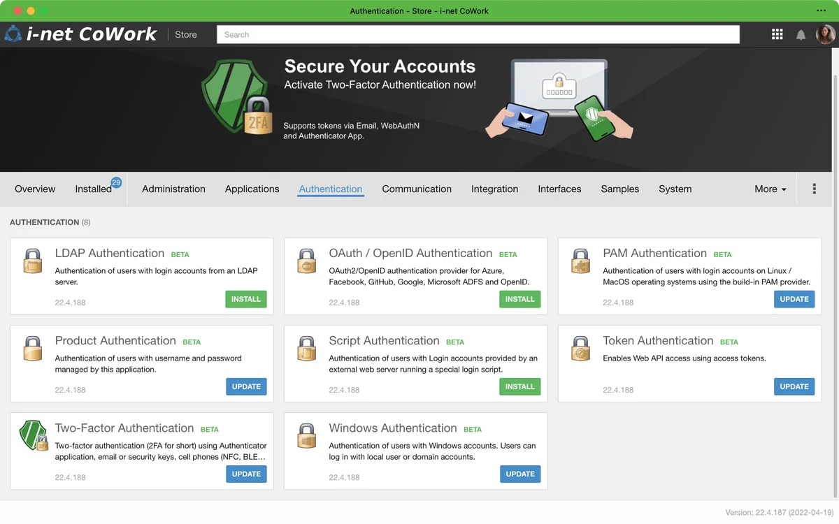 i-net CoWork authentication page detailing various authentication types like LDAP, OAuth/OpenID, and Two-Factor with update options.