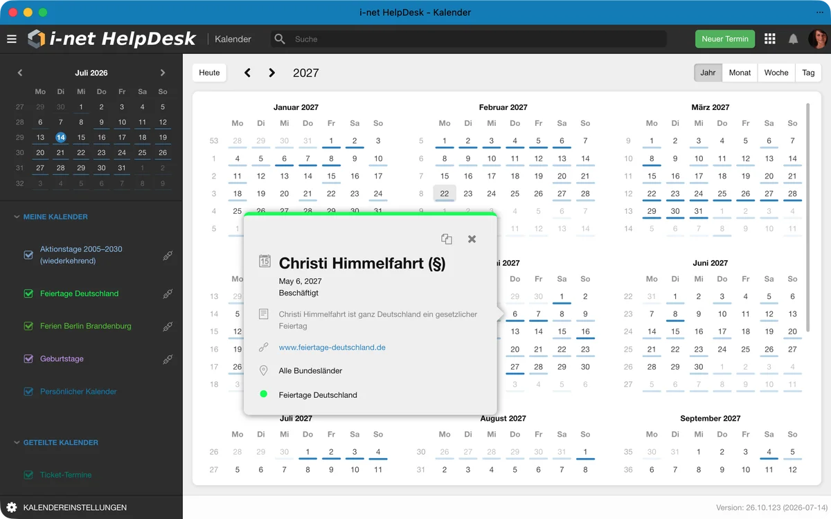 i-net HelpDesk Kalender in der Jahresansicht mit persönlichen und geteilten Kalendern sowie geöffneten Termindetails.