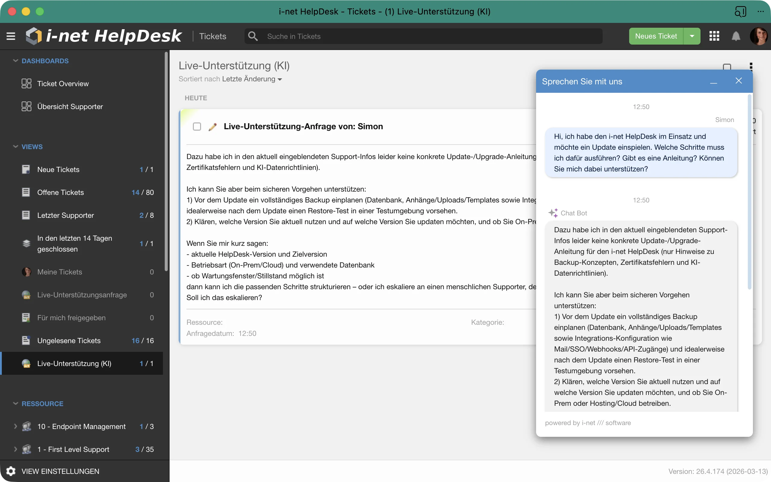 Live Support chat with AI assistant answering visitor questions and option to hand over to a human agent.