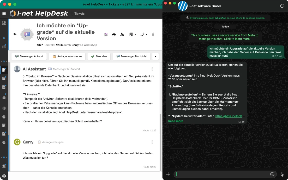 HelpDesk-Ticket aus einer WhatsApp-Anfrage mit sichtbarer KI-Antwort neben dem zugehörigen WhatsApp-Chat.