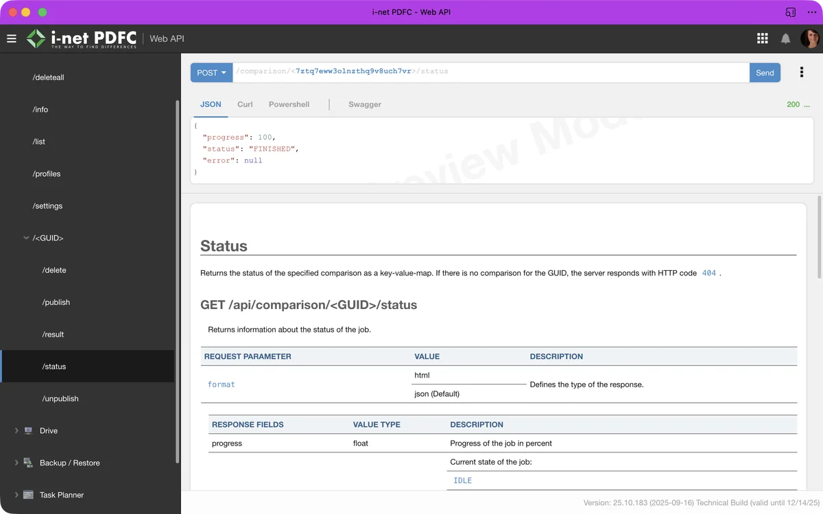 i-net PDFC-Schnittstelle für die WebAPI. Ein Vergleich ist derzeit ausgewählt und der Status wird angezeigt.